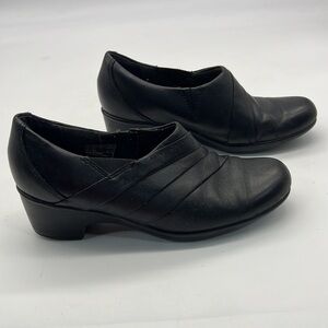 Clarks Black Leather Slip on Shoes with 2 inch Wedge Style Heel size 6.5